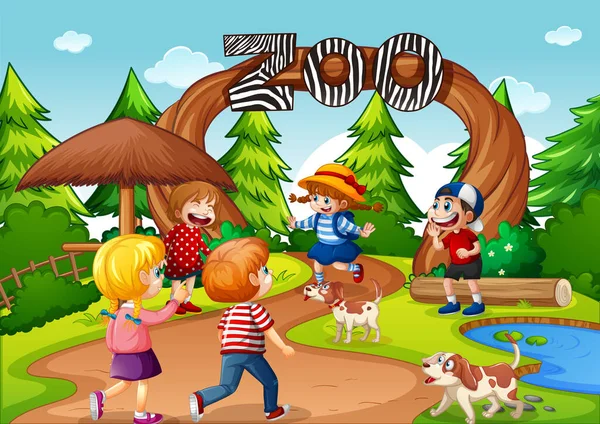 Zoo Puerta Entrada Escena Con Muchos Niños Ilustración — Vector de stock
