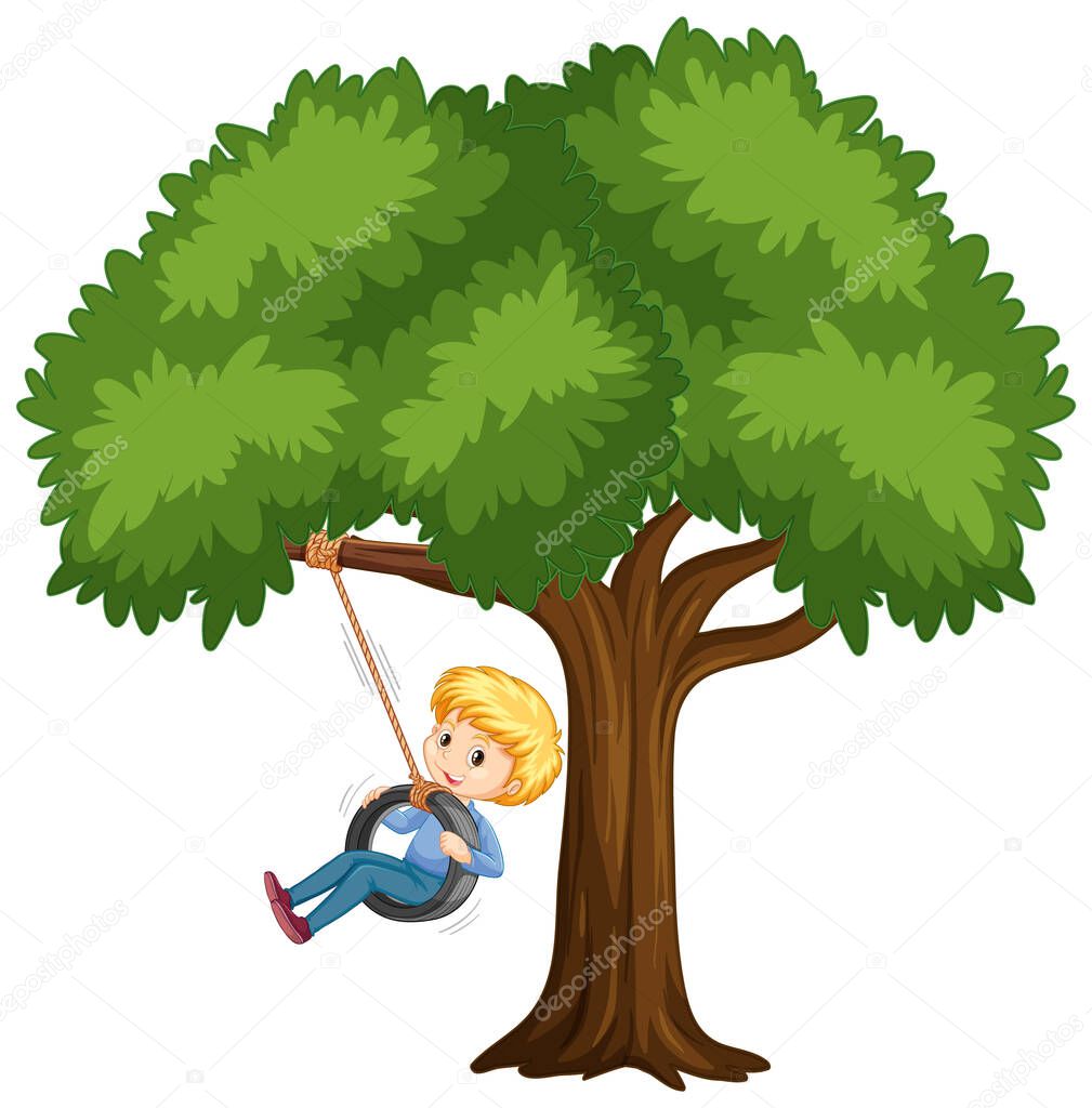Kid playing tire swing under the tree on white background illustration