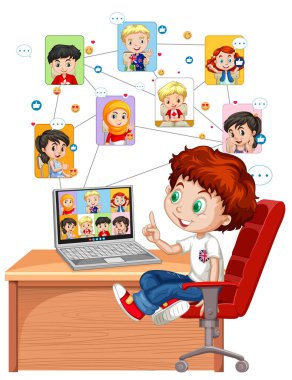 Covid 19 pandemik illüstrasyon sırasında insanlar video çağrısı yapıyor