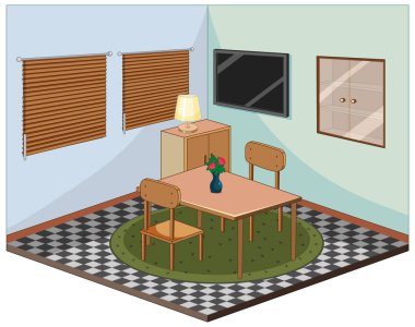 Mobilyalı oturma odası, izometrik çizim.