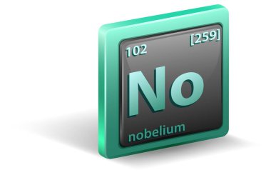 Nobelium kimyasal elementi. Atom numarası ve atomik kütle illüstrasyonlu kimyasal sembol