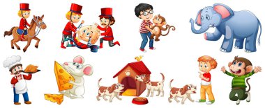 Beyaz arkaplan illüstrasyonunda izole edilmiş farklı çocuk tekerlemesi karakterleri