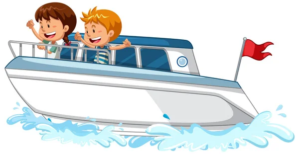 Children Standing Speed Boat White Background Illustration — Stock Vector