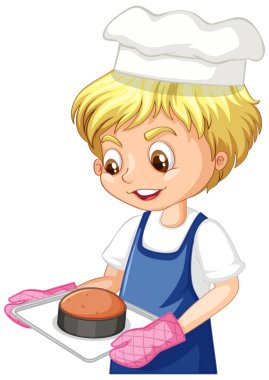 Çizgi film karakteri, elinde bir tepsi kek illüstrasyonu tutan aşçı çocuk.