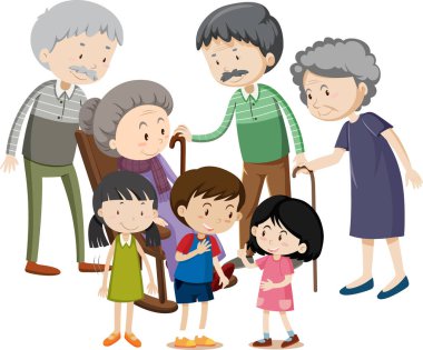 Beyaz arkaplan illüstrasyonunda aile çizgi film karakteri üyesi