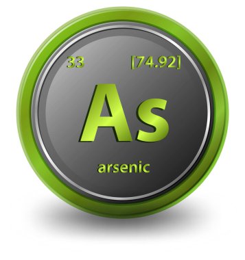 Arsenik kimyasal element. Atom numarası ve atomik kütlesi olan kimyasal bir sembol. resimleme