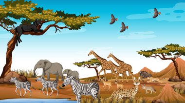 Orman sahnesinde bir grup vahşi Afrika hayvanı