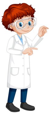 Laboratuvar önlüğü giyen bir çocuk çizgi film karakteri.