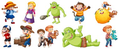 Beyaz arkaplan illüstrasyonunda izole edilmiş farklı çocuk tekerlemesi karakterleri