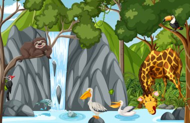 Vahşi hayvan çizgi film karakteri orman sahnesi illüstrasyonu