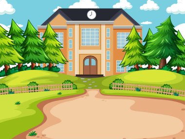 Okul binası ve doğa öğeleri resimleriyle açık hava sahnesi