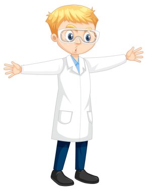 Laboratuvar önlüğü giyen bir çocuk çizgi film karakteri.