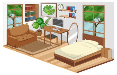 Kahverengi temalı illüstrasyonda mobilya ve dekorasyon elementleriyle yatak odası içi