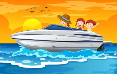 Sahne resimlerinde sürat teknesinde duran çocuklar