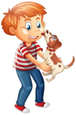 Beyaz arkaplanda izole edilmiş bir köpekle oynayan çocuk