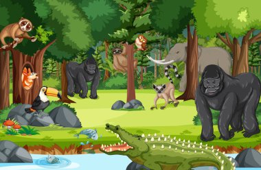 Vahşi hayvan çizgi film karakteri orman sahnesi illüstrasyonu