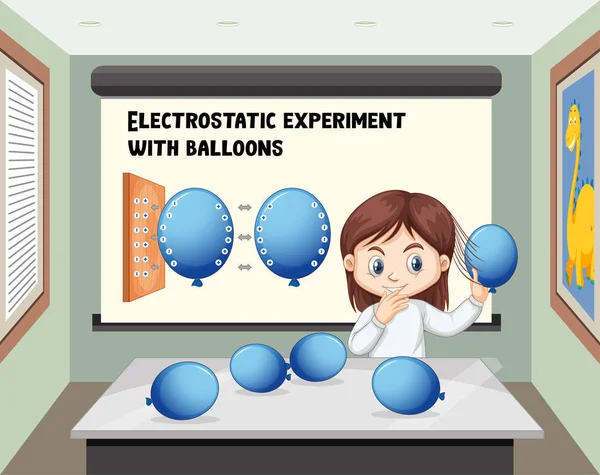 Girl Doing Electrostatic Experiment Balloons Room Illustration — Stock Vector