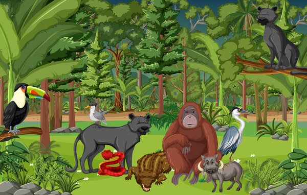 Сцена с тропическими лесами с иллюстрациями диких животных