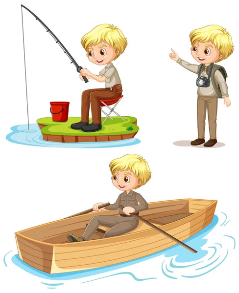 Zeichentrickfigur Eines Jungen Campingkostüm Der Verschiedene Aktivitäten Ausübt Illustration — Stockvektor