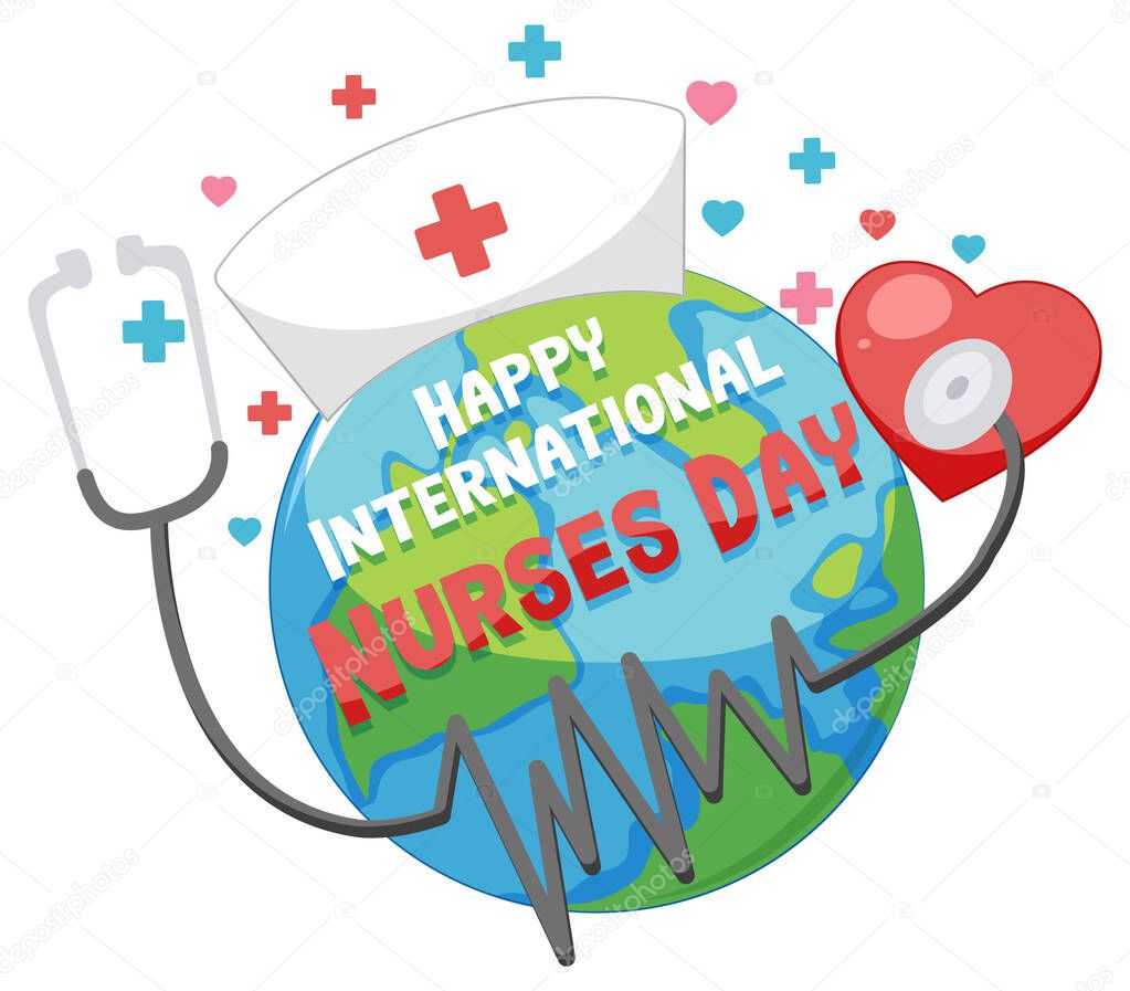 Happy international nurses day font with the earth and stethoscope illustration