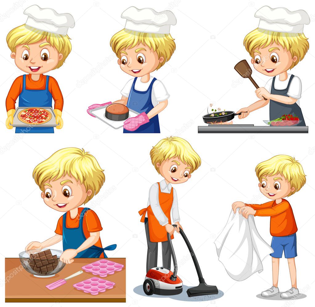 Set of a boy doing different houseworks illustration