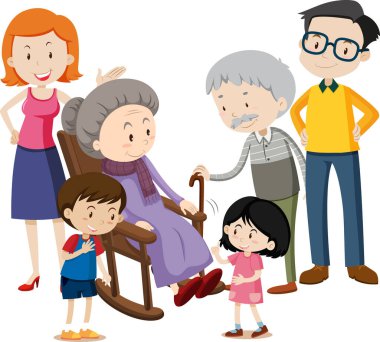 Beyaz arkaplan illüstrasyonunda aile çizgi film karakteri üyesi