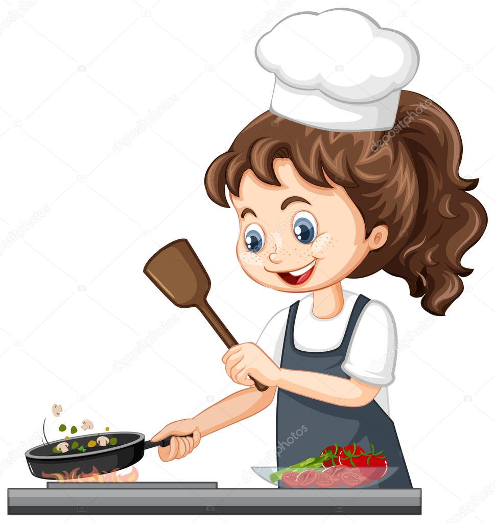 Cute girl character wearing chef hat cooking food illustration