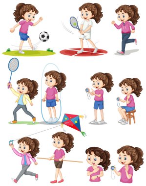Farklı spor illüstrasyonları yapan kızlar.