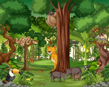 Vahşi hayvan resimli yağmur ormanı sahnesi