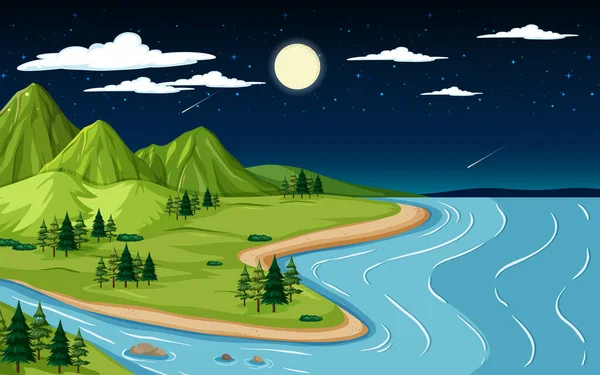 Natuur Landschap Scène Met Berg Rivier Nachts Illustratie — Stockvector