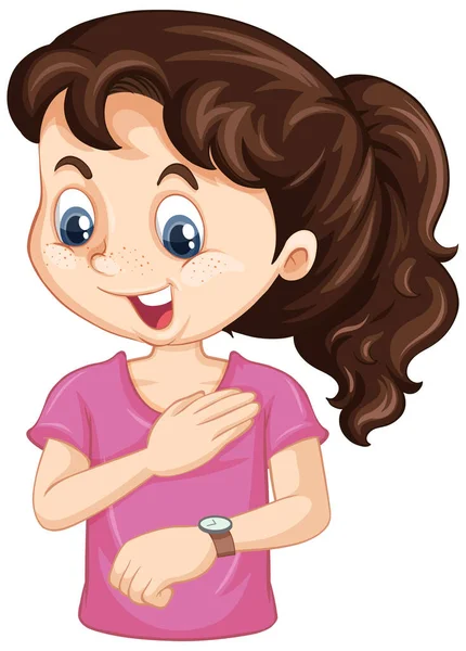 Girl Cartoon Character Looking Wrist Watch Illustration — Stock Vector