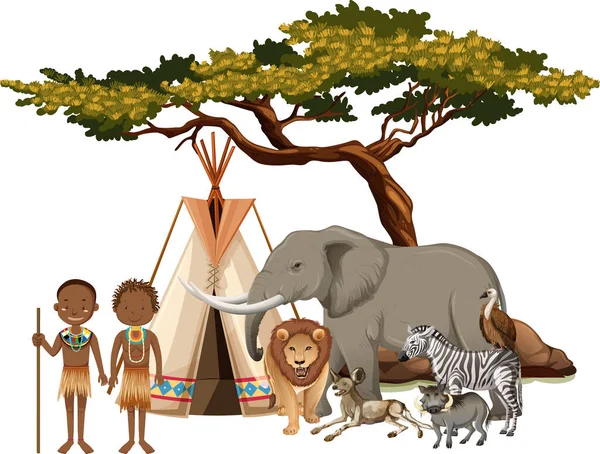 Tribu Africana Con Grupo Animales Salvajes Africanos Sobre Fondo Blanco — Vector de stock