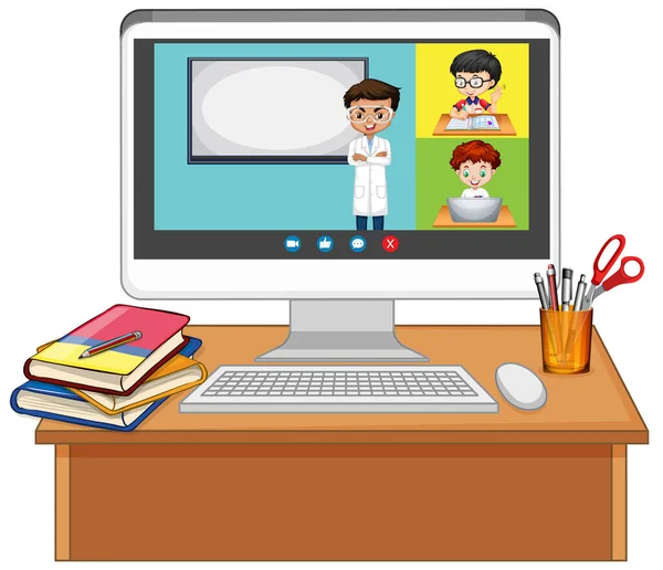 白い背景イラストのコンピュータ画面上の学生のビデオチャットオンライン画面 — ストックベクタ