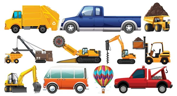 Conjunto Diferentes Tipos Coches Camiones Aislados Sobre Fondo Blanco Ilustración — Vector de stock