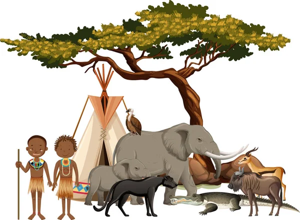 Tribù Africana Con Gruppo Animali Africani Selvatici Sfondo Bianco Illustrazione — Vettoriale Stock