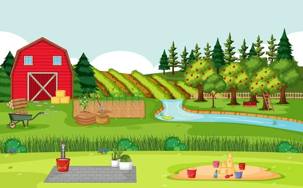 Farm Jelenet Piros Pajta Mező Táj Illusztráció — Stock Vector