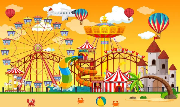 Scène Parc Attractions Jour Avec Des Ballons Dans Ciel Illustration — Image vectorielle