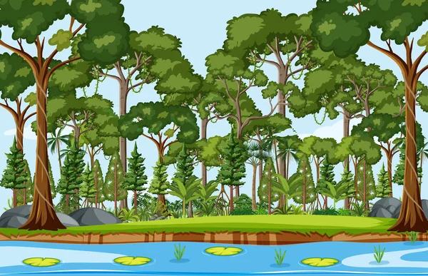 Лісова Сцена Ставком Ілюстрацією Багатьох Дерев — стоковий вектор