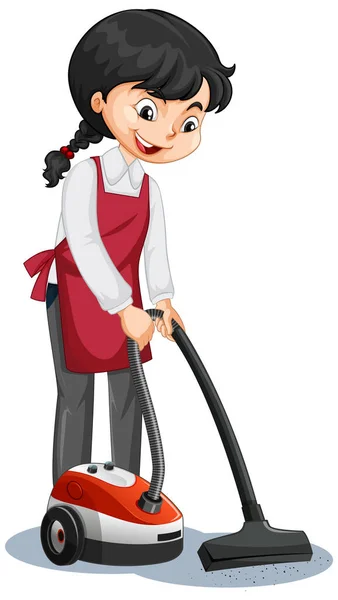 Karakter Kartun Pembantu Mengenakan Seragam Menggunakan Ilustrasi Vacuum Cleaner - Stok Vektor