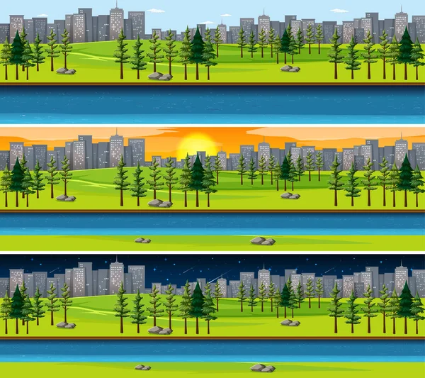 Conjunto Vista Parque Tempo Diferente Dia Ilustração —  Vetores de Stock