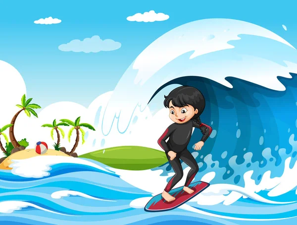 海のシーンで大きな波で女の子がサーフボードのイラストに立って — ストックベクタ