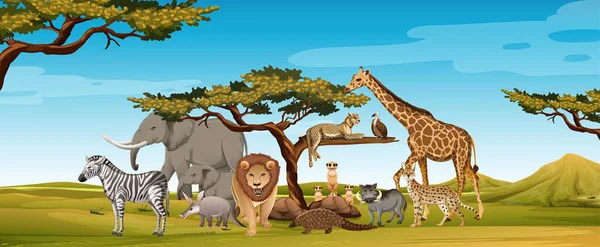 動物園のシーンのイラストで野生のアフリカの動物のグループ — ストックベクタ