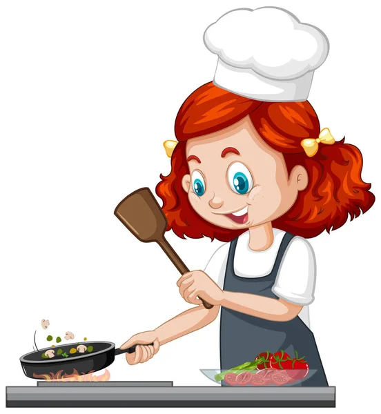 Schattig Meisje Karakter Dragen Chef Hoed Koken Voedsel Illustratie — Stockvector