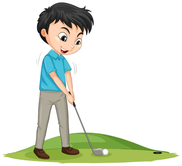 Cartoon Figur Eines Jungen Beim Golfspielen Auf Weißem Hintergrund — Stockvektor