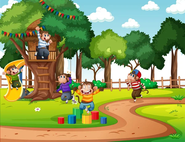 Cena Parque Infantil Com Muitos Pequenos Macacos Desenho Animado Personagem — Vetor de Stock
