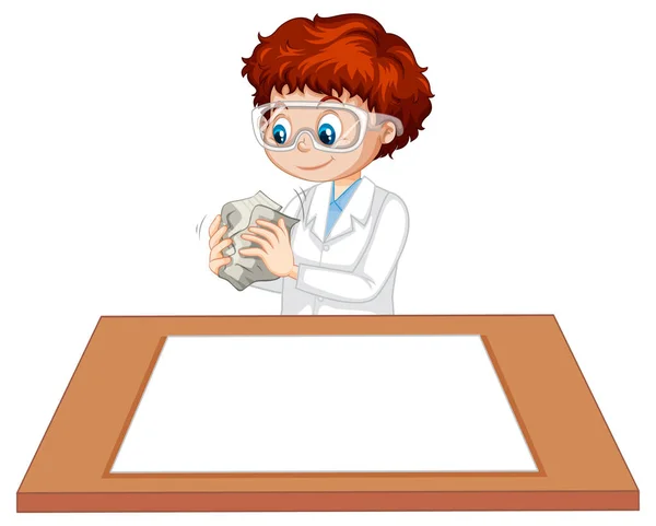 Niño Vistiendo Bata Científica Con Papel Vacío Ilustración Mesa — Vector de stock