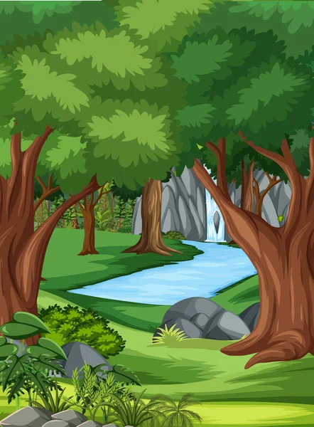 Escena Selva Con Muchos Árboles Ilustración Cascada — Archivo Imágenes Vectoriales