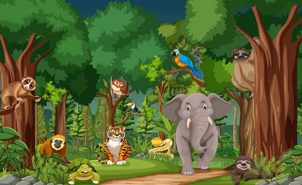 Wild Dier Cartoon Karakter Het Bos Scène Illustratie — Stockvector