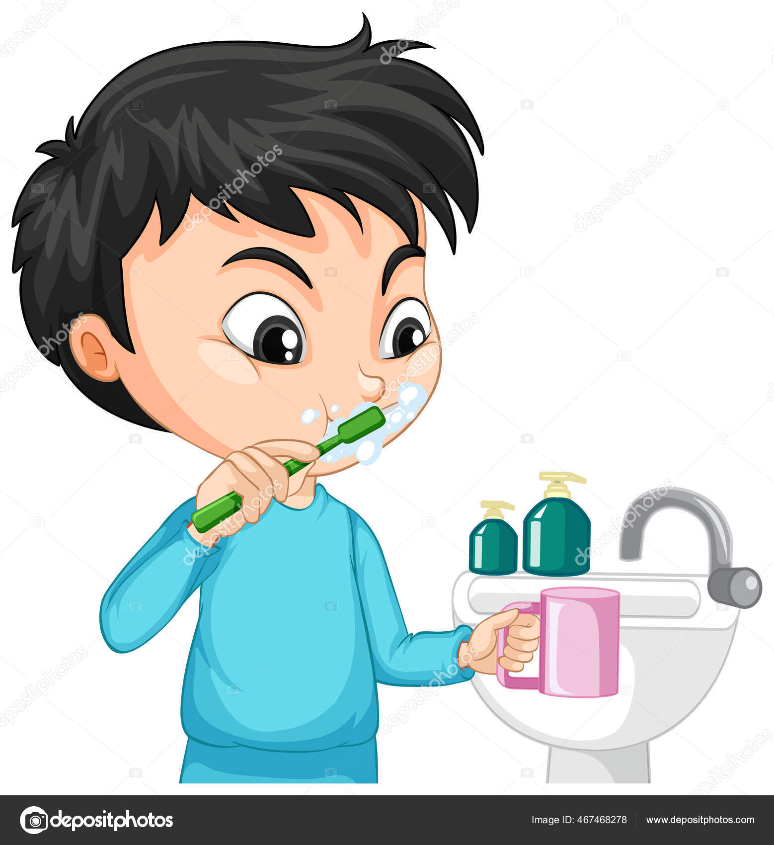 Image vectorielle Caractère Cartoon Aboy Brossage Des Dents Avec Évier Eau  Illustration par ©blueringmedia - 467468278, image size:1558x1700