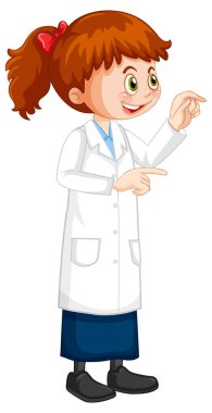 Bilim laboratuarı önlüğü giyen sevimli kız çizgi film karakteri.